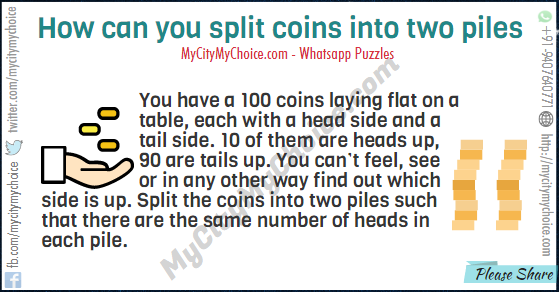 You have a 100 coins laying flat on a table, each with a head side and a tail side. 10 of them are heads up, 90 are tails up. You can't feel, see or in any other way find out which side is up. Split the coins into two piles such that there are the same number of heads in each pile.