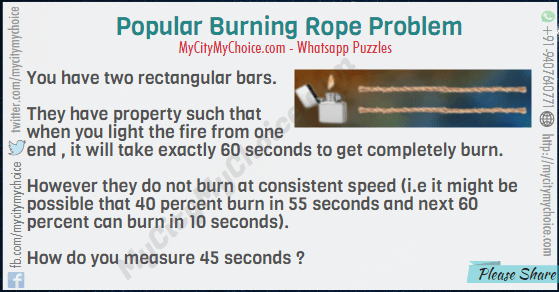 You have two rectangular bars. They have property such that when you light the fire from one end , it will take exactly 60 seconds to get completely burn. However they do not burn at consistent speed (i.e it might be possible that 40 percent burn in 55 seconds and next 60 percent can burn in 10 seconds). How do you measure 45 seconds ?
