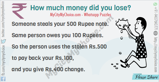 Someone steals your 500 Rupee note. Same person owes you 100 Rupees. So the person uses the stolen Rs.500 to pay back your Rs.100, and you give Rs.400 change. How much money did you lose?