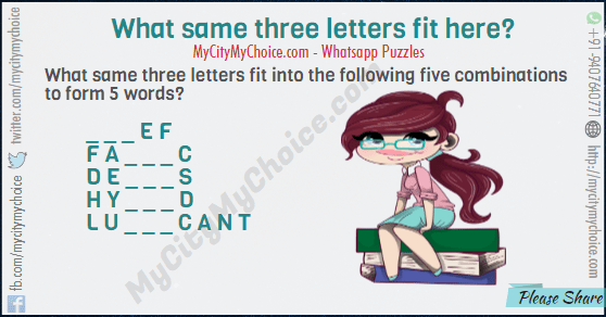 What same three letters fit into the following five combinations to form 5 words? _ _ _ E F F A _ _ _ C D E _ _ _ S H Y _ _ _ D L U _ _ _ C A N T