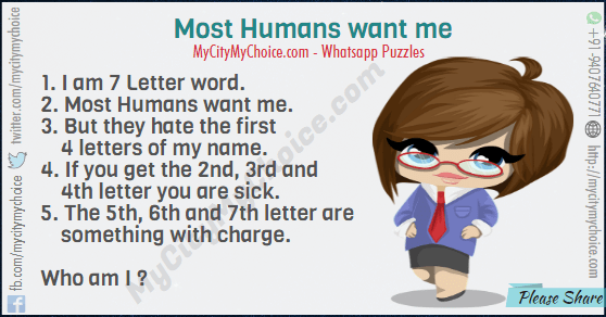 1. I am 7 Letter word. 2. Most Humans want me. 3. But they hate the first     4 letters of my name. 4. If you get the 2nd, 3rd and     4th letter you are sick. 5. The 5th, 6th and 7th letter are     something with charge. Who am I ?