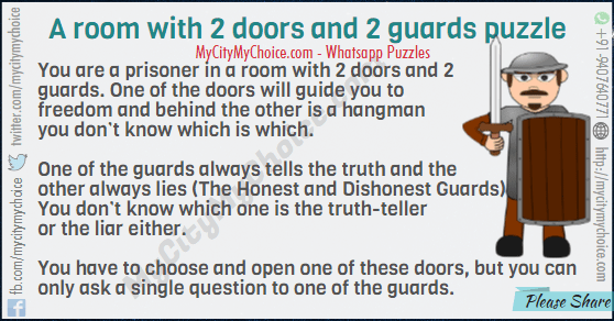 You are a prisoner in a room with 2 doors and 2 guards. One of the doors will guide you to freedom and behind the other is a hangman you don’t know which is which. One of the guards always tells the truth and the other always lies (The Honest and Dishonest Guards). You don’t know which one is the truth-teller or the liar either. You have to choose and open one of these doors, but you can only ask a single question to one of the guards.