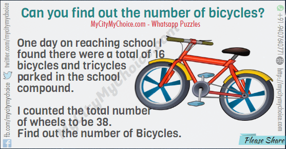 One day on reaching school I found there were a total of 16 bicycles and tricycles parked in the school compound. I counted the total number of wheels to be 38. Find out the number of Bicycles.