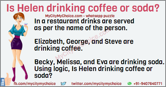 In a restaurant drinks are served as per the name of the person. Elizabeth, George, and Steve are drinking coffee. Becky, Melissa, and Eva are drinking soda. Using logic, Is Helen drinking coffee or soda?