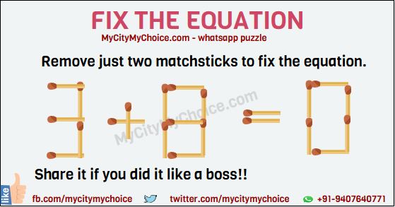 Can you remove just two matchsticks to fix the equation
