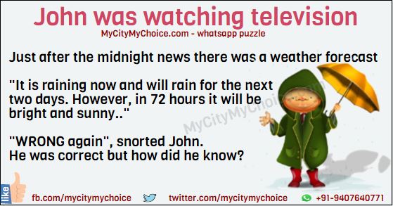 John was watching television. Just after the midnight news there was a weather forecast: "It is raining now and will rain for the next two days. However, in 72 hours it will be bright and sunny.." "WRONG again", snorted John. He was correct but how did he know?