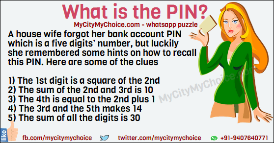 Puzzle : What is the PIN? A house wife forgot her bank account PIN which is a five digits’ number, but luckily she remembered some hints on how to recall this PIN. Here are some of the clues 1) The 1st digit is a square of the 2nd 2) The sum of the 2nd and 3rd is 10 3) The 4th is equal to the 2nd plus 1 4) The 3rd and the 5th makes 14 5) The sum of all the digits is 30 What is the PIN?