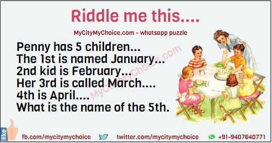 Penny has 5 children... The 1st is named January... 2nd kid is February... Her 3rd is called March.... 4th is April.... What is the name of the 5th.