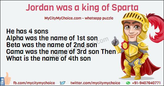 Jordan was a king of Sparta. He has 4 sons. Alpha was the name of 1st son. Beta was the name of 2nd son. Gama was the name of 3rd son Then What is the name of 4th son