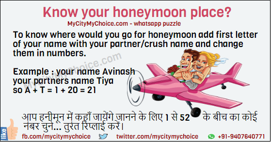 To know where would you go for honeymoon add first letter of your name with your partner/crush name and change them in numbers. Example : your name Avinash your partners name Tiya so A + T = 1 + 20 = 21 आप हनीमून में कहाँ जायेंगे जानने के लिए 1 से 52 के बीच का कोई नंबर चुने... तुरंत रिप्लाई करें।