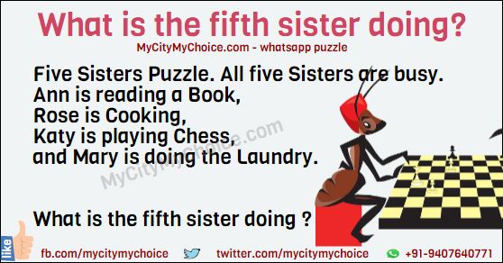 Five Sisters Puzzle. All five Sisters are busy. Ann is reading a Book, Rose is Cooking, Katy is playing Chess, and Mary is doing the Laundry. What is the fifth sister doing?