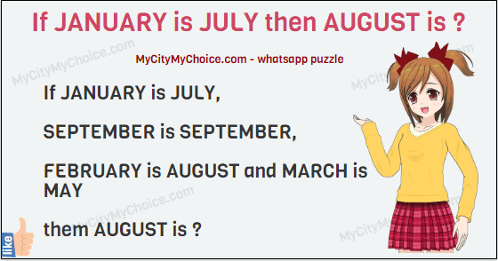 If JANUARY is JULY, SEPTEMBER is SEPTEMBER, FEBRUARY is AUGUST and MARCH is MAY them AUGUST is ?
