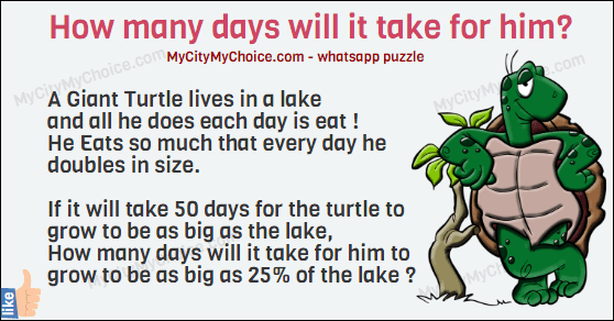 A Giant Turtle lives in a lake and all he does each day is eat ! He Eats so much that every day he doubles in size. If it will take 50 days for the turtle to grow to be as big as the lake, How many days will it take for him to grow to be as big as 25% of the lake ?