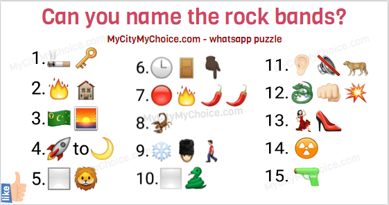 Can you name the rock bands 1.🚬🔑  2.🔥🏚  3.🇨🇨🌅  4.🚀to🌙  5.◻🦁  6.🕒🚪👇🏿  7.🔴🔥🌶🌶  8.🦂  9.❄💂🏻🚶🏻  10.⬜🐍  11.👂🏻🔇🐆  12.🐉👊🏻💥  13.💃🏻👠  14. ☢  15. 🔫