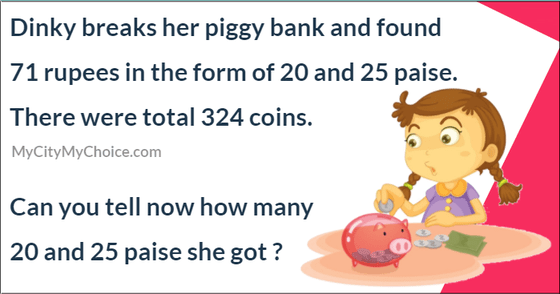 Dinki breaks its piggy bank and found 71 rupees in form of 20-paisa and 25-paisa. There was total of 324 coins in his piggy bank. Can you tell me how many number of 20-paisa and 25-paisa he got ?